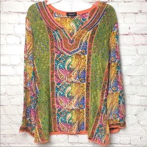 Tolani Boho Silk Tunic Green Orange Multi